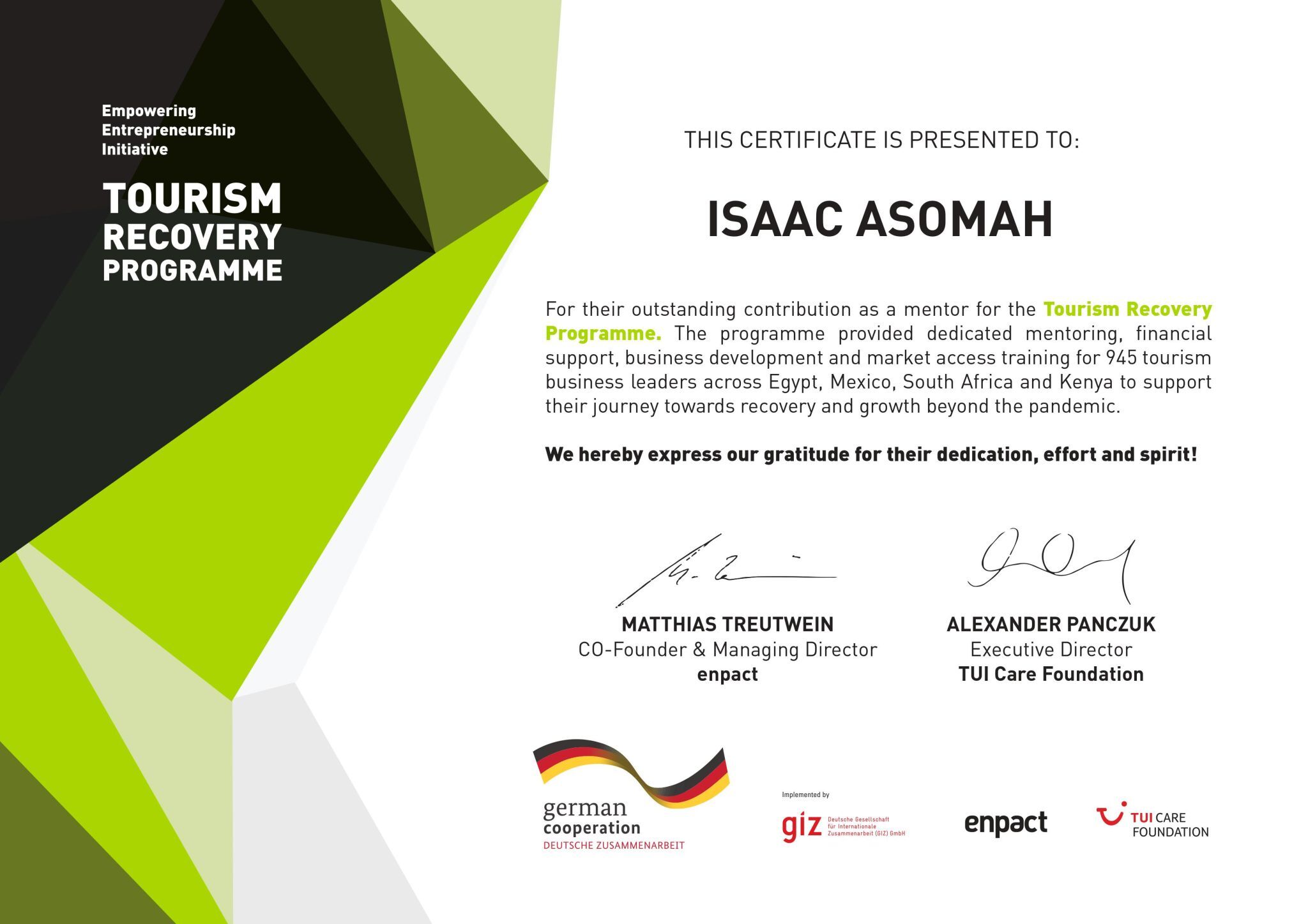 Enpact Certificate of Mentorship for Isaac Asomah, founder of Asomah Digital